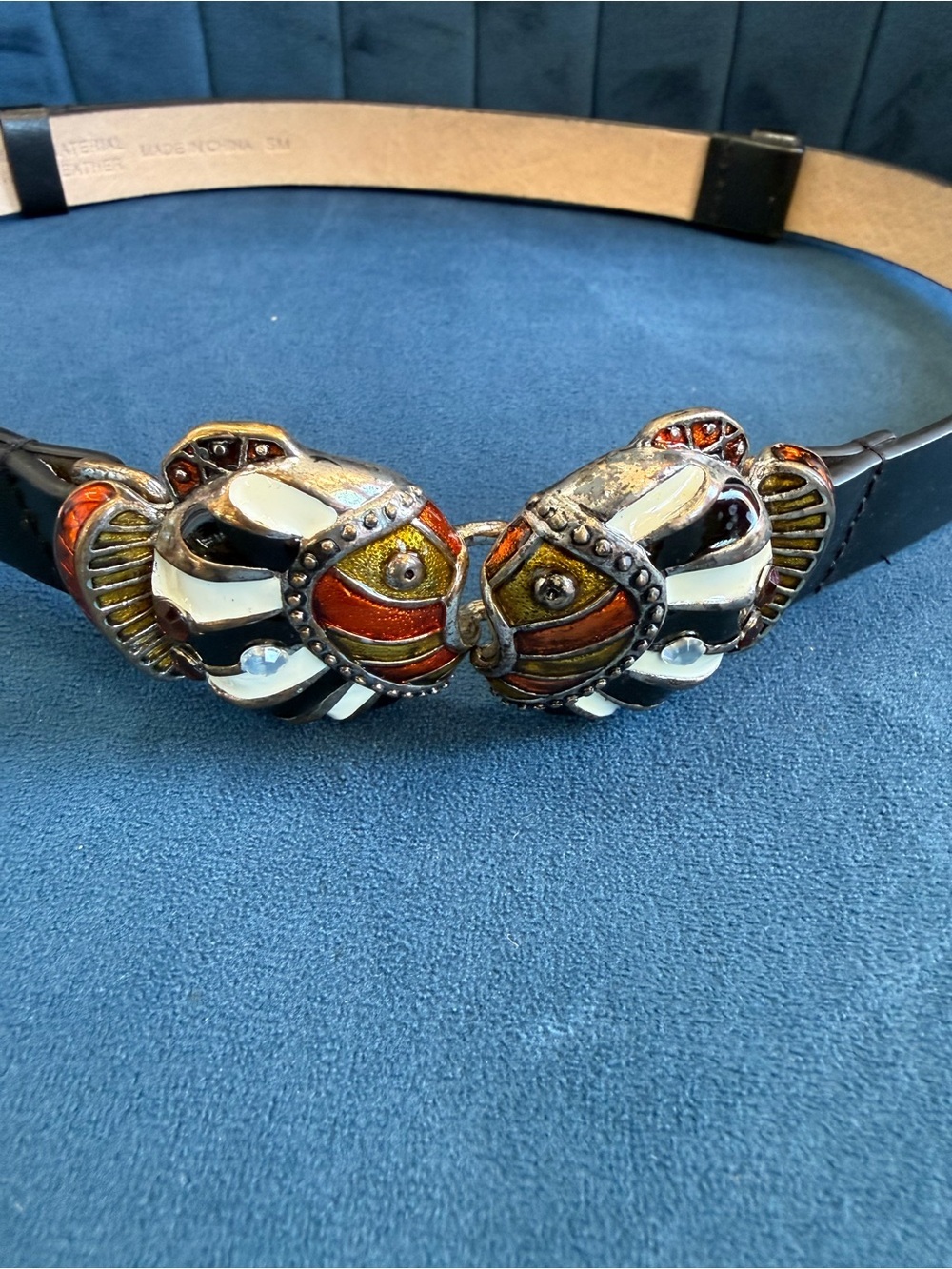 Chico’s Leather Belt Tropical Fish Enamel Buckle Black Size S - Picture 2 of 3
